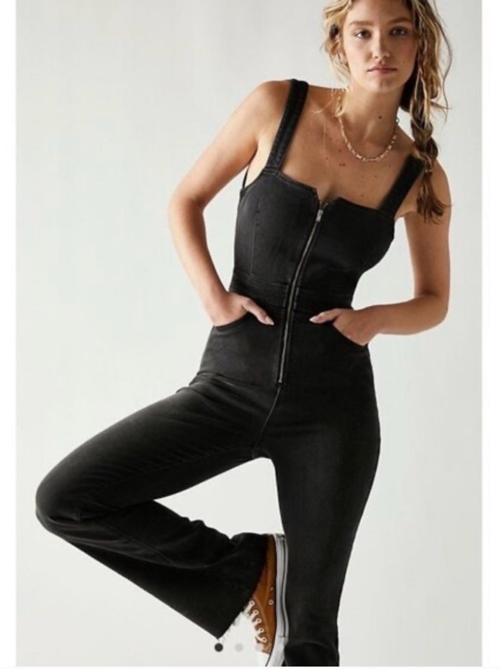 Free People CRVY 2nd Ave One Piece Denim Flare Jumpsuit in Black Panther